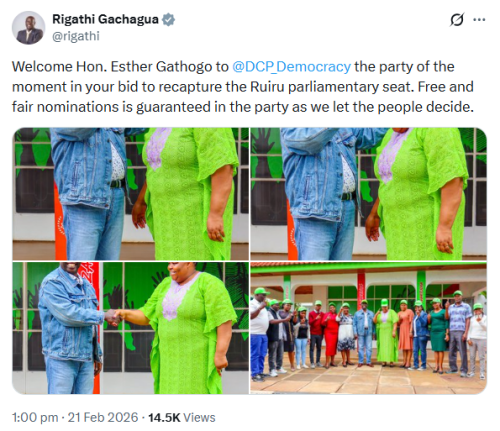 X post by Rigathi Gachagua. PHOTO/Screengrab by People Daily Digital