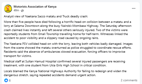 Facebook post by Motorists Association of Kenya. PHOTO/Screengrab by People Daily Digital