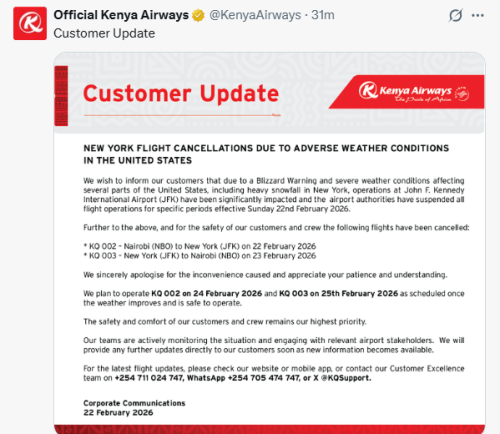 X post by Kenya Airways. PHOTO/Screengrab by People Daily Digital