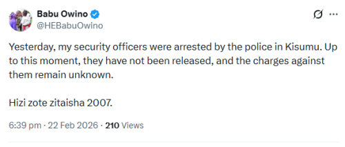 X post by Babu Owino. PHOTO/Screengrab by People Daily Digital