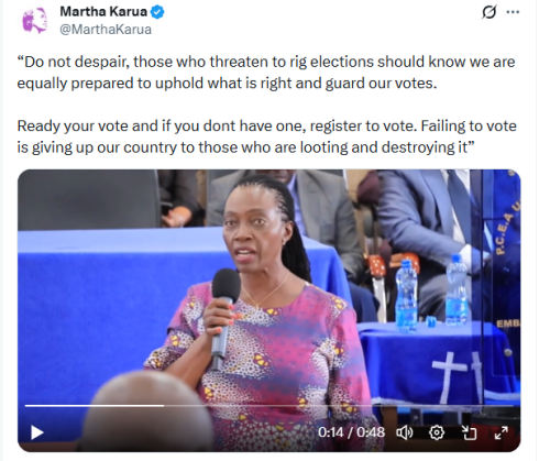 X post by Martha Karua. PHOTO/Screengrab by People Daily Digital
