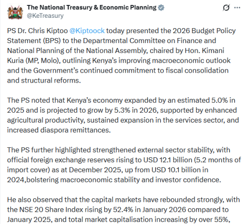 X post by the National Treasury and Economic Planning. PHOTO/Screengrab by People Daily Digital