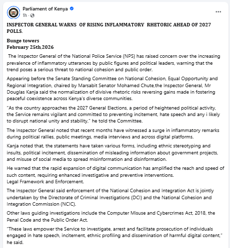 Facebook post by Parliament of Kenya. PHOTO/Screengrab by People Daily Digital