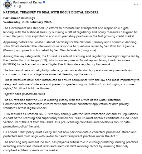 Facebook post by Parliament of Kenya. PHOTO/Screengrab by People Daily Digital
