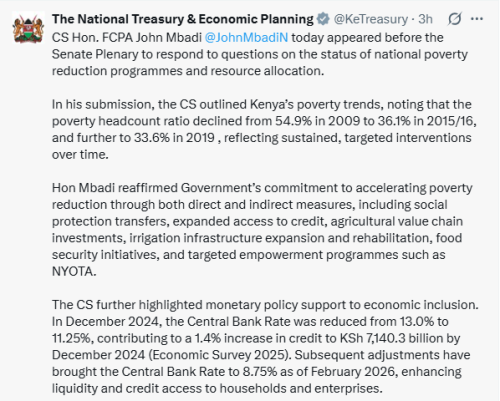 X post by the National Treasury and Economic Planning. PHOTO/Screengrab by People Daily Digital