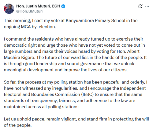 X post by Justin Muturi. PHOTO/Screengrab by People Daily Digital