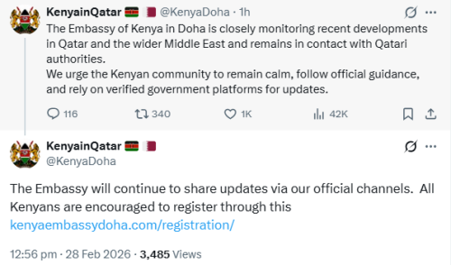 X account by the Embassy of the Republic of Kenya to the State of Qatar. PHOTO/Screengrab by People Daily Digital
