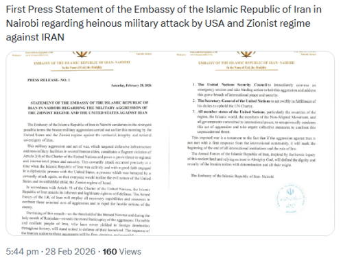 X post by the Embassy of Iran in Kenya. PHOTO/Screengrab by People Daily Digital