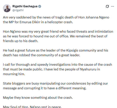 X post by Rigathi Gachagua. PHOTO/Screengrab by People Daily Digital