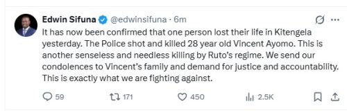 A post by Sifuna condemning the killing of a 28-year-old during the Kitengela rally. PHOTO//@edwinsifuna/X