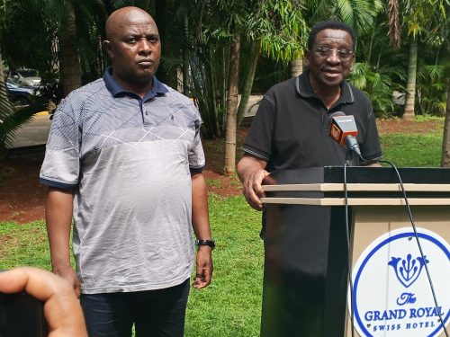 Siaya Governor James Orengo and Vihiga Senator Godfrey Ososti addressing the media in Kisumu outside Swiss Hotel on Friday, February 20, 2026. PHOTO//Screengrab by People Daily Digital