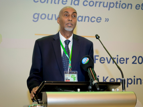 EACC Chief Executive Officer Abdi Mohamud speaks during the 13th International Symposium of the Forum of State Inspections of Africa and Assimilated Institutions (FIGE) in Djibouti. PHOTO/@EACCKenya/X