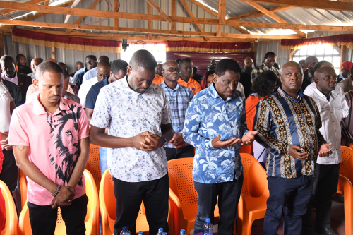 Embakasi East MP Babu Owino, Nairobi Senator Edwin Sifuna, Siaya Governor James Orengo, and Vihiga Senator Godfrey Osotsi during a church service at St Peter’s Olkejuado ACK Church in Kitengela. PHOTO/@orengo_james/X