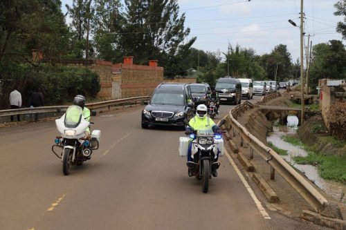 Police officers on motorcycles escort the hearses carrying the remains of Emurua Dikirr MP Hon. Johana Ng’eno and the five other victims. PHOTO/https://www.facebook.com/Parliament of Kenya