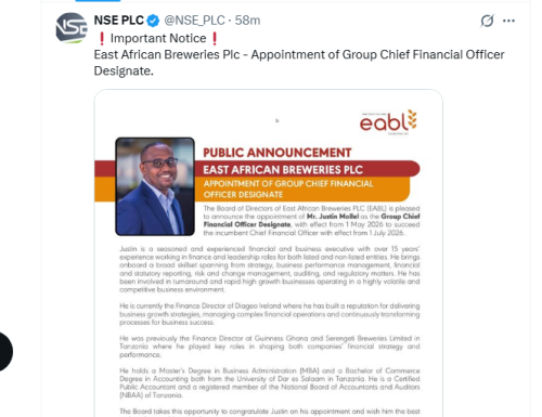 A screengrab by People Daily Digital of the announcement, signed by Company Secretary Angela Namwakira. PHOTO/@NSE_PLC/X