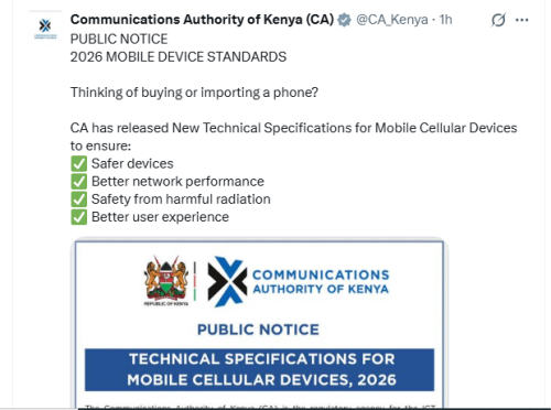 X post by the Communications Authority of Kenya (CA) on Tuesday, March 24, 2026. PHOTO/Screengrab by People Daily Digital/@CA_Kenya/X