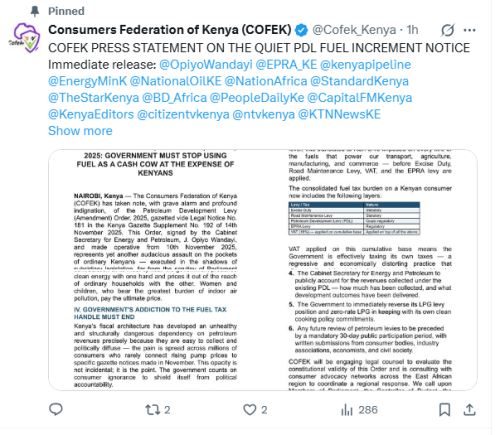 The Consumer Federation of Kenya (COFEK) post on Wednesday, March 25, 2026. PHOTO/Screengrab by People Daily Digital/@Cofek_Kenya/X