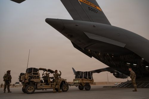 US soldiers loading cargo inside a military transport aircraft. PHOTO/@CENTCOM/X