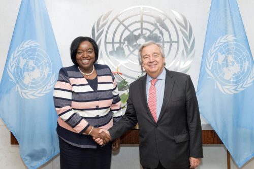 President William Ruto’s security advisor, Monica Juma, with UN Secretary General António Guterres during a past event. PHOTO/@HabarizaUN/X