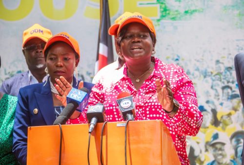 ODM Chairperson Gladys Wanga while addressing the media at Chungwa House. PHOTO//@TheODMparty/X