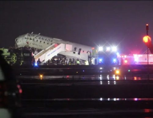 An Air Canada jet after colliding with a Port Authority fire truck at LaGuardia Airport in New York. PHOTO/@EdKrassen/X