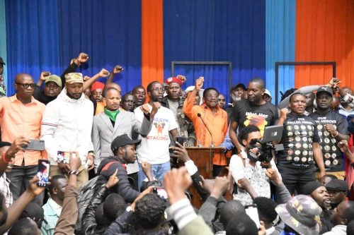Edwin Sifuna, James Orengo, Babu Owino and other Linda Mwananchi ODM faction leaders at Ufungamano House. PHOTO/@orengo_james/X