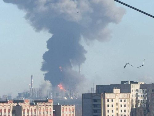 Thick plumes of smoke rise from burning oil storage tanks at a Russian port following reported Ukrainian drone strikes. PHOTO/@MoloWarMonitor/X