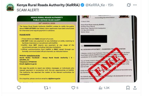 A public notice released by the Kenya Rural Roads Authority (KeRRAon Thursday, March 27, 2026. PHOTO/Screengrab by People Daily Digital/@KeRRA_Ke