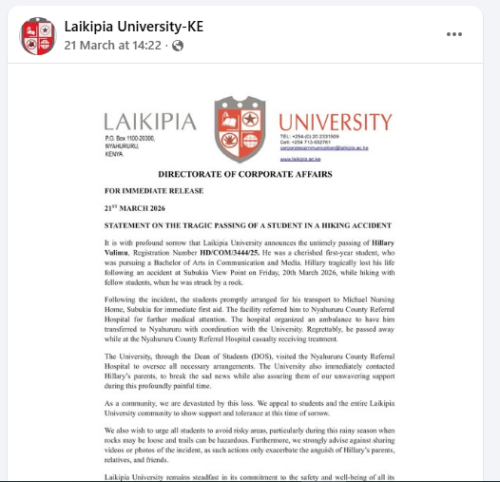 Statement by Laikipia University. PHOTO/Screengrab by People Daily Digital/https://www.facebook.com/laikipiau/fb