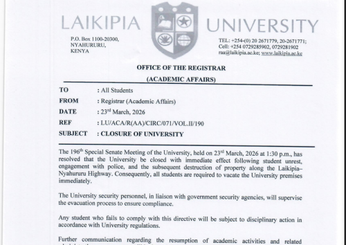 Closure notice by Laikipia University. PHOTO/Screengrab by People Daily Digital/https://laikipia.ac.ke/home/website