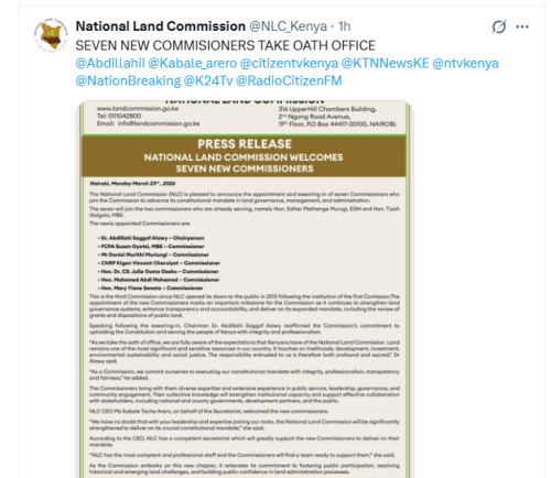 National Land Commission post on X account on Monday, March 23, 2026. PHOTO/Screengrab by People Daily Digital/@NLC_Kenya/X