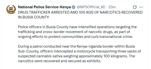 The National Police Service statement on Tuesday, March 24, 2026. PHOTO/Screengrab by People Daily Digital/@NPSOfficial_KE/X