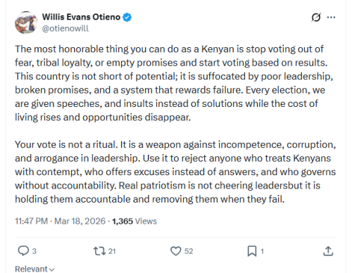 Willis Otieno post of X account on March 18, 2026. PHOTO/Screengrab by People Daily Digital/@otienowill/X