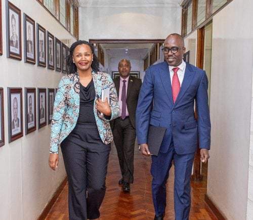 Principal Secretary for Foreign Affairs, Korir Sing'oei, alongside the Principal Secretary for Diaspora Affairs, Roseline Njogu, ahead of the hybrid meeting with Kenya’s ambassadors in the Middle East. PHOTO/@Diaspora_KE/X
