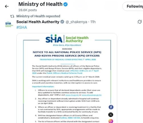 The Social Health Authority (SHA) statement. PHOTO/Screengrab by People Daily Digital/@_shakenya/X