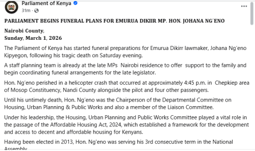 A statement from the National Assembly regarding funeral arrangements for the late Emarua Dikirr MP Johanna Ng'eno on Saturday, February 28, 2026. PHOTO//https://www.facebook.com/ParliamentKE