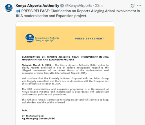 X post by KAA. PHOTO/Screengrab by People Daily Digital