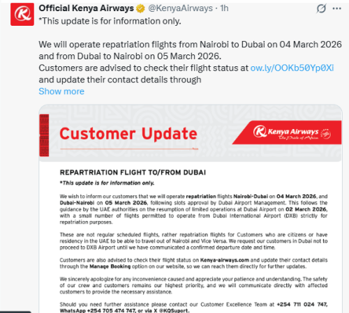 X post by Official Kenya Airways. PHOTO/Screengrab by People Daily Digital