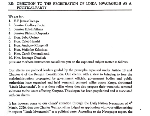 Part of the letter to the Office of the Registrar of Political Parties. PHOTO/Screengrab by People Daily Digital