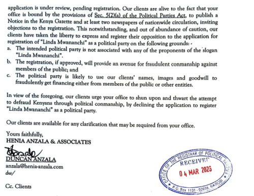Part of the letter to the Office of the Registrar of Political Parties. PHOTO/Screengrab by People Daily Digital