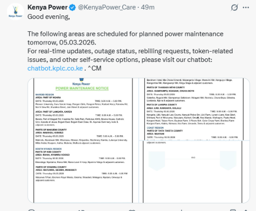 X post by Kenya Power. PHOTO/Screengrab by People Daily Digital