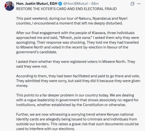 X post by Justin Muturi. PHOTO/Screengrab by People Daily Digital
