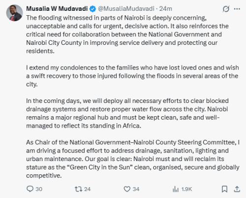 X post by Musalia Mudavadi. PHOTO/Screengrab by People Daily Digital