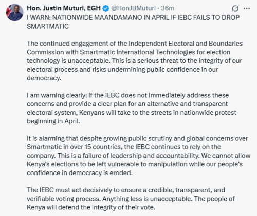 X post by Justin Muturi. PHOTO/Screengrab by People Daily Digital