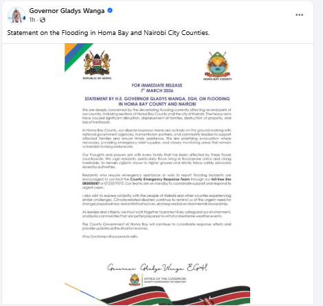 Facebook post by Governor Gladys Wanga on the flooding in Homa Bay and Nairobi City Counties. PHOTO/Screengrab by People Daily Digital