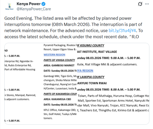 X post by Kenya Power. PHOTO/@KenyaPower_Care/X