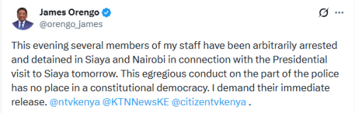 X post by James Orengo. PHOTO/Screengrab by People Daily Digital