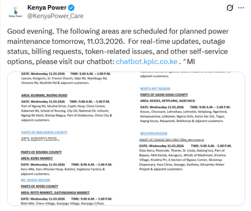 X post by Kenya Power. PHOTO/Screengrab by People Daily Digital