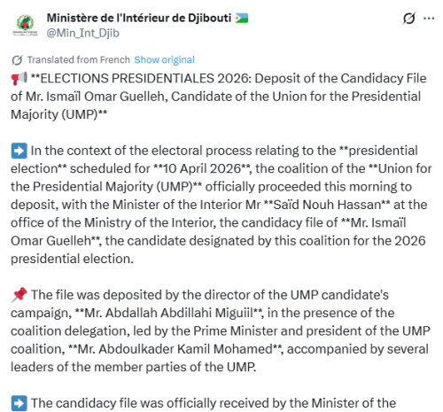 X post by Djibouti’s Ministry of Interior. PHOTO/Screengrab by People Daily Digital