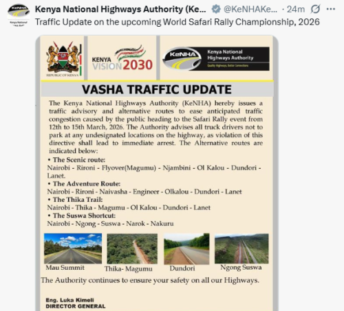 X post by KeNHA. PHOTO/Screengrab by People Daily Digital